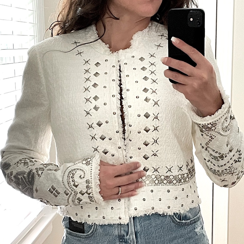 Elie Tahari White Embroidered Bomber Jacket